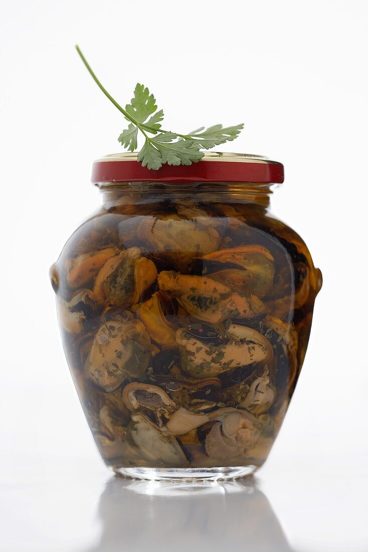 Marinated mussels in jar