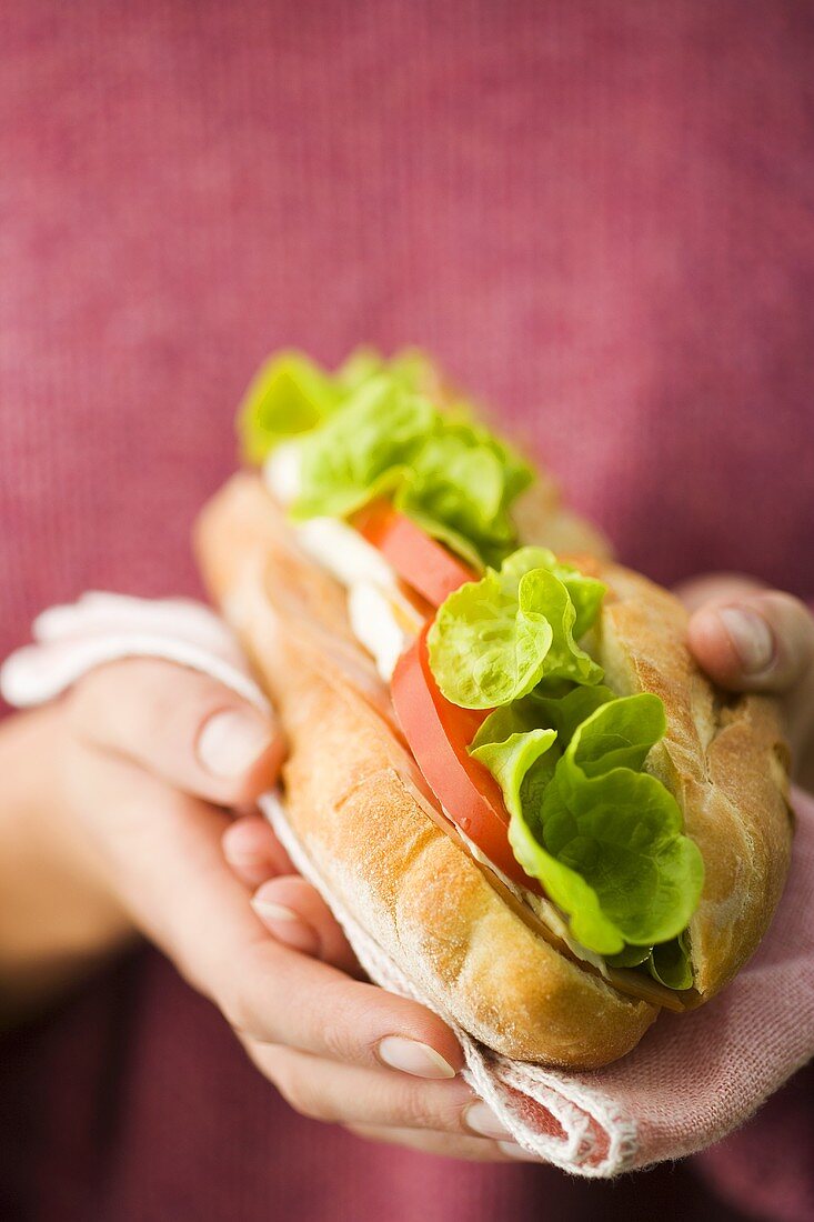 Zwei Hände halten ein Sandwich mit Hähnchenbrust