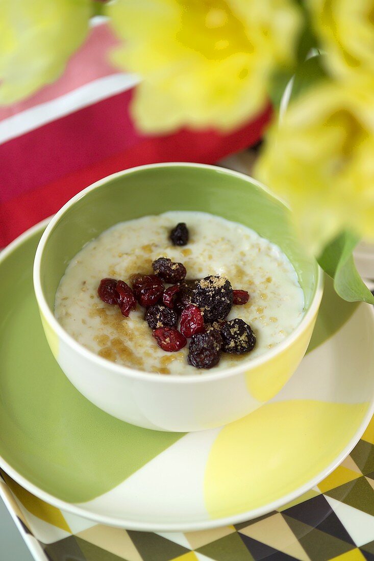 Porridge with dried fruit in small bowl