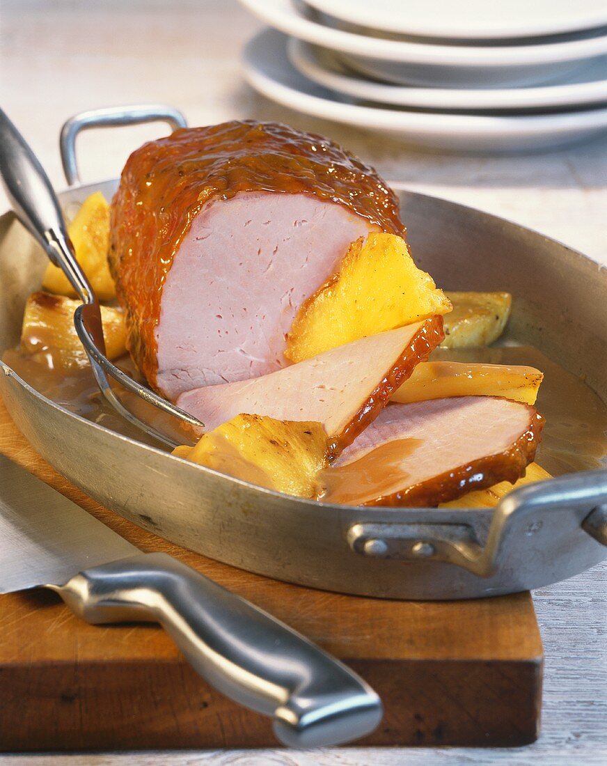 Smoked pork loin (Kassler) with honey crust and pineapple