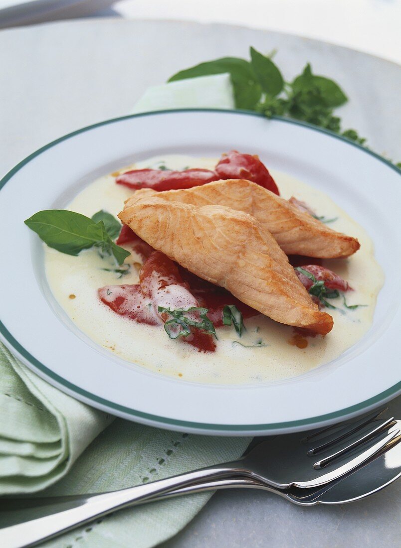 Fried salmon with basil sauce and tomatoes