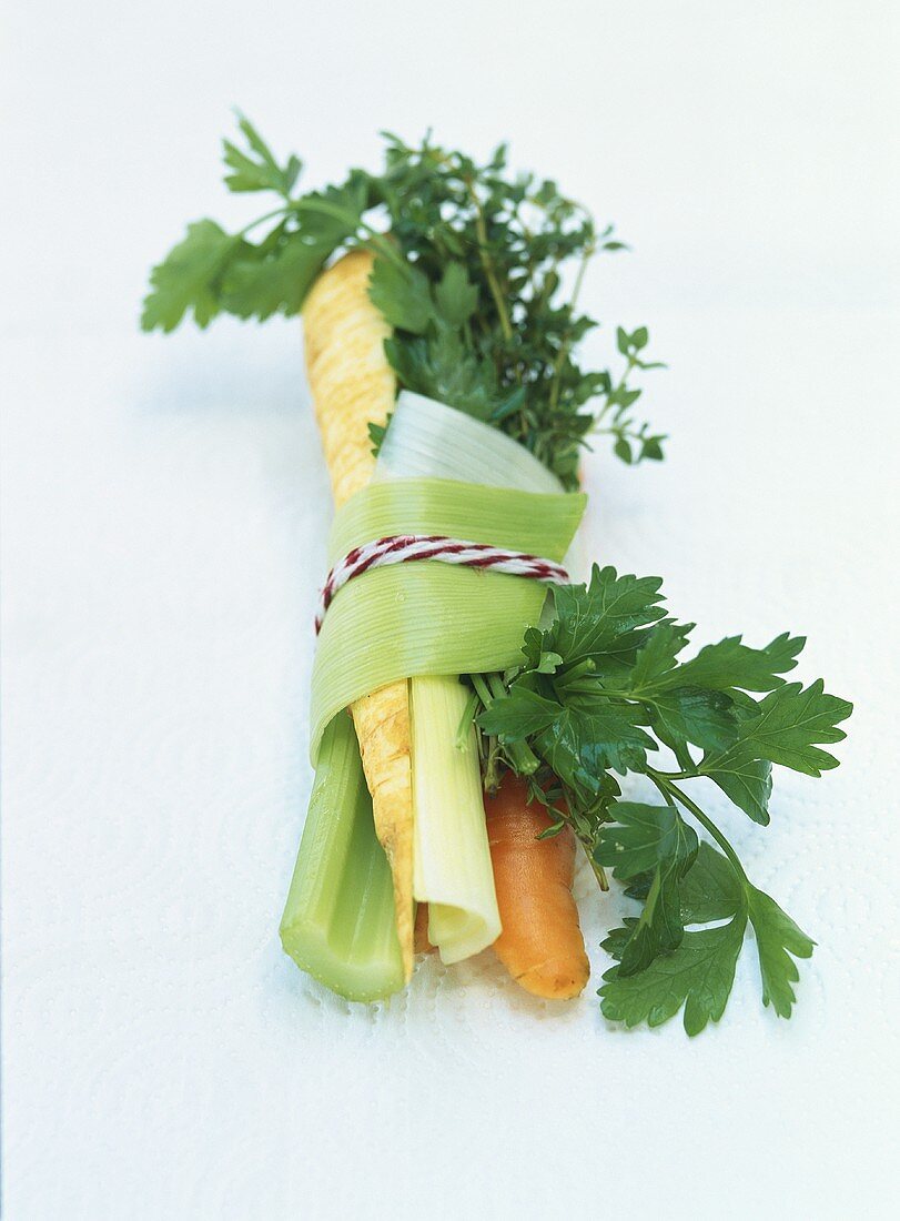 Bunch of soup vegetables (celery, carrot, Hamburg parsley etc.)