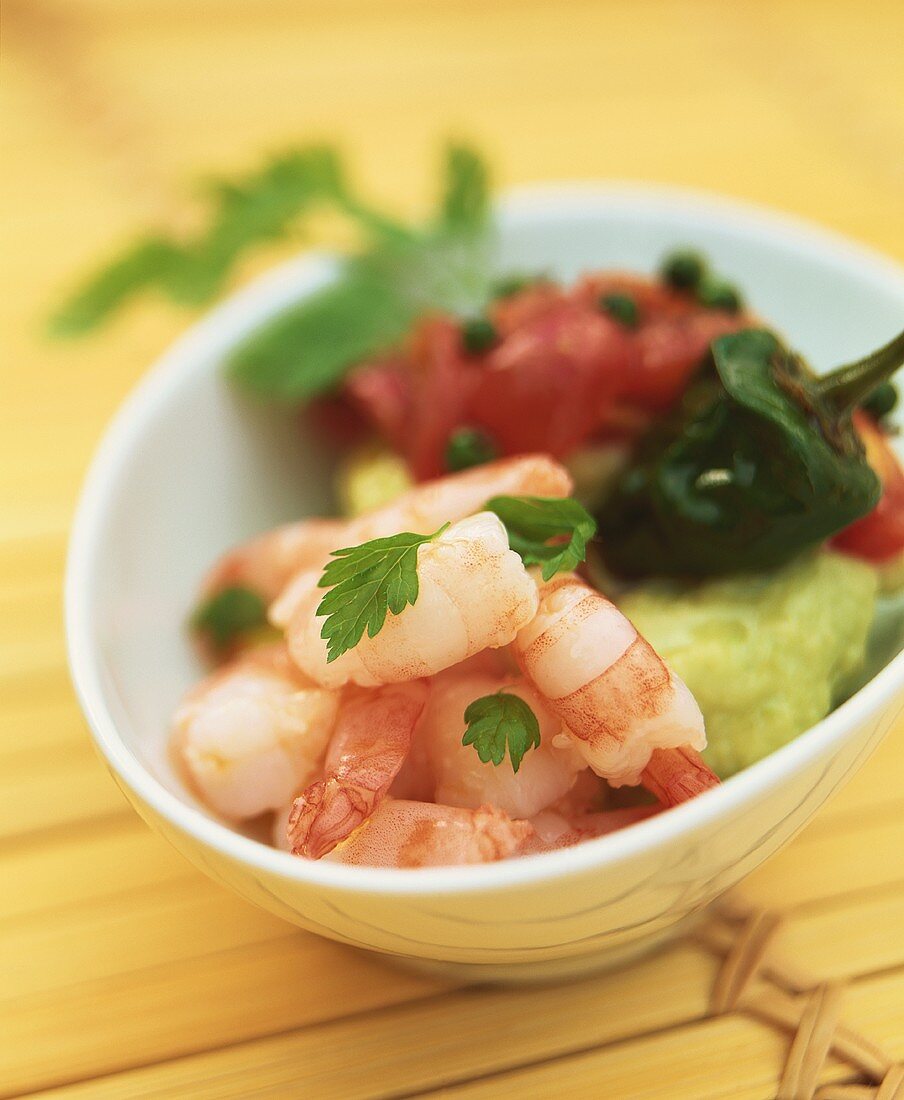 Avocado puree with tomatoes, shrimps and coriander