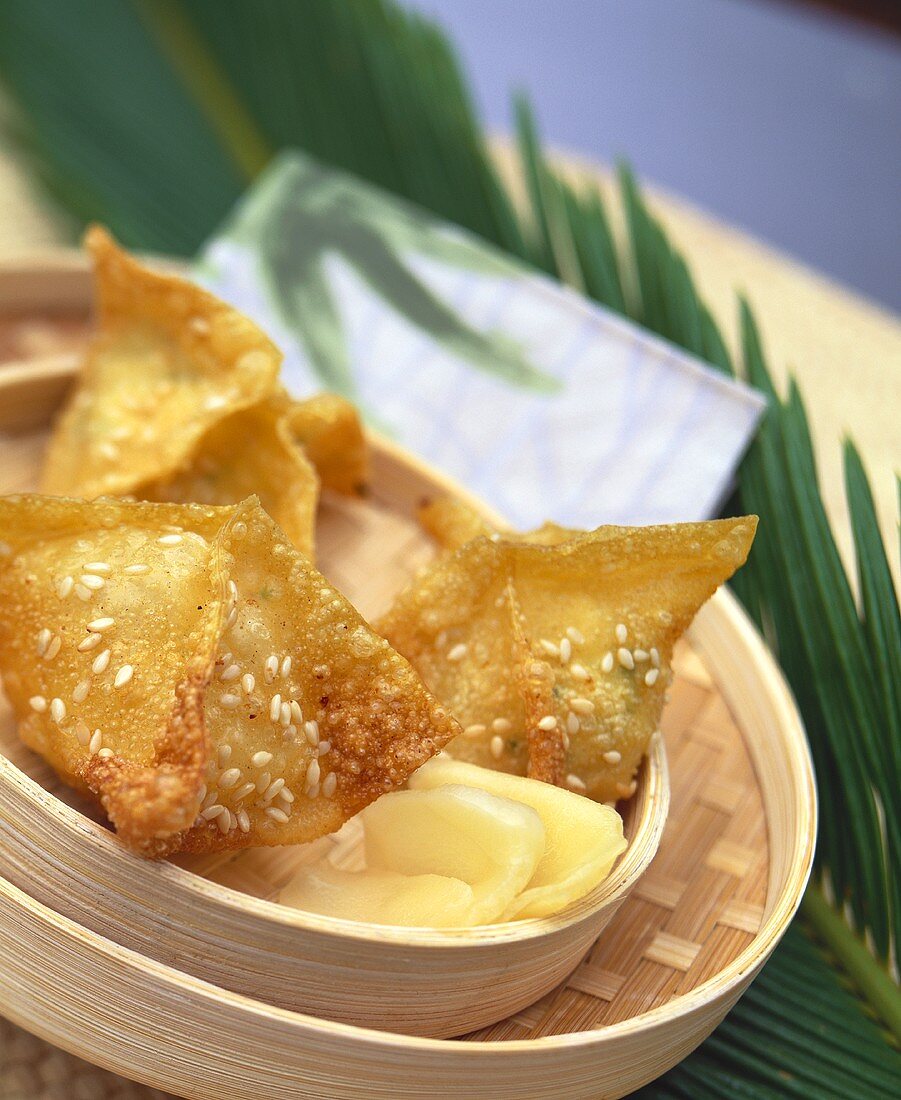 Fried wontons with shrimp and soft cheese filling