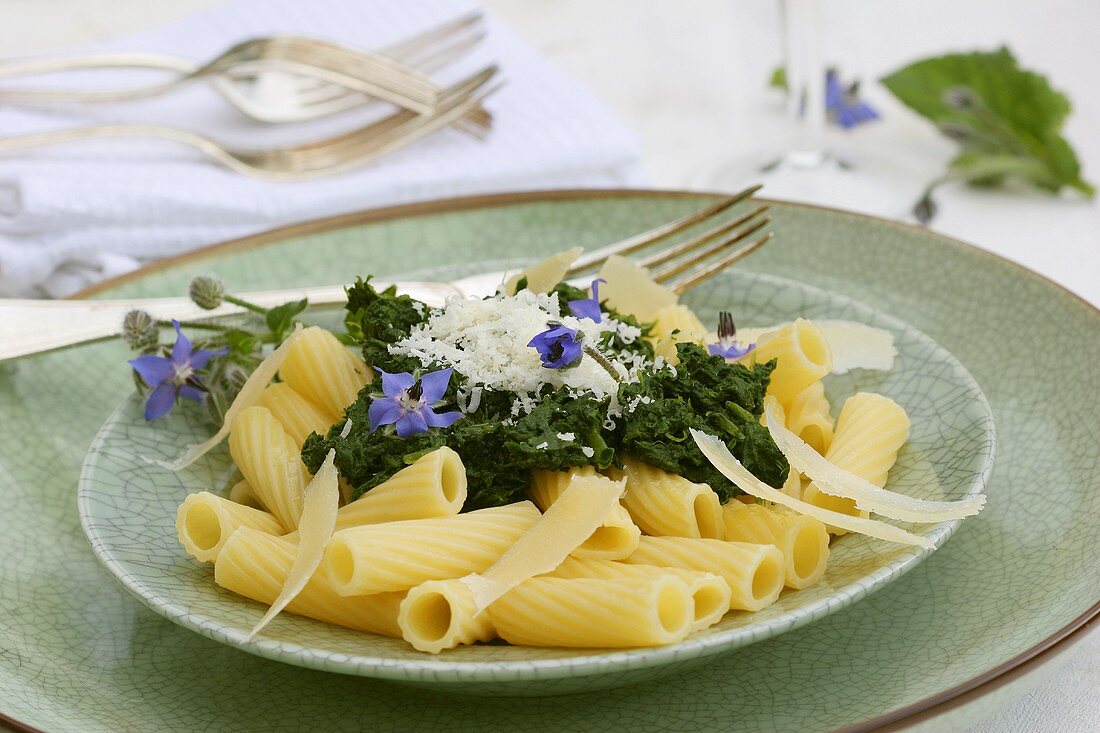 Rigatoni mit Borretsch und Parmesan