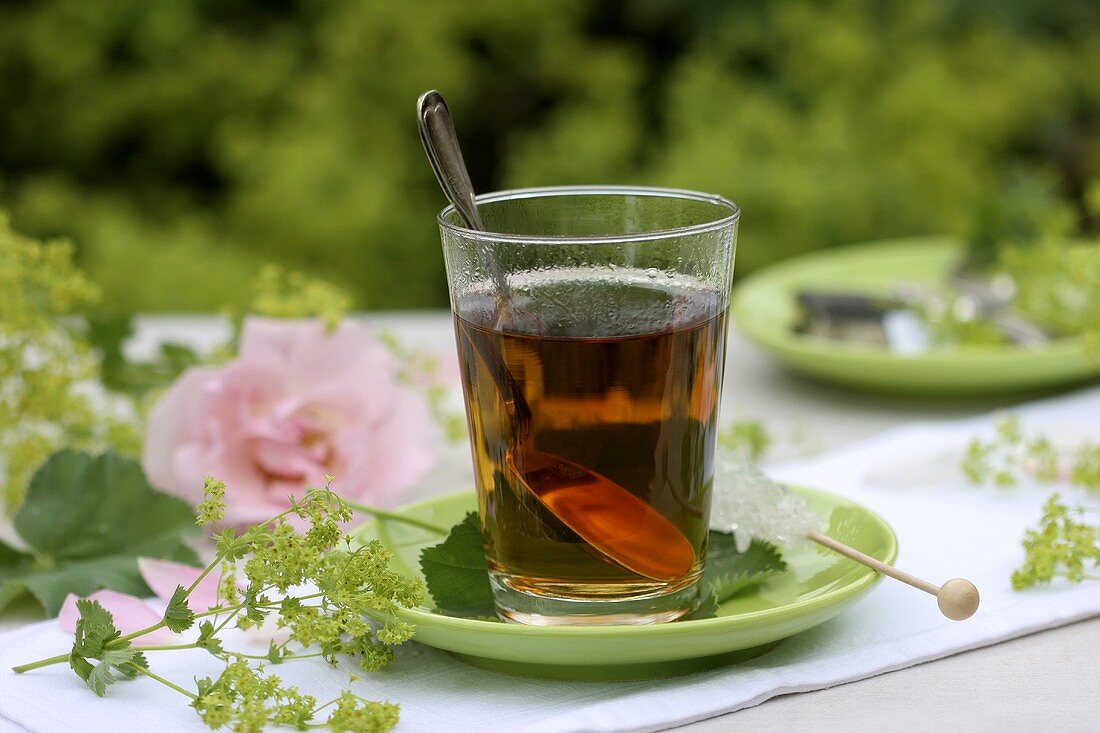 Ein Glas Frauenmanteltee mit Kandisstange