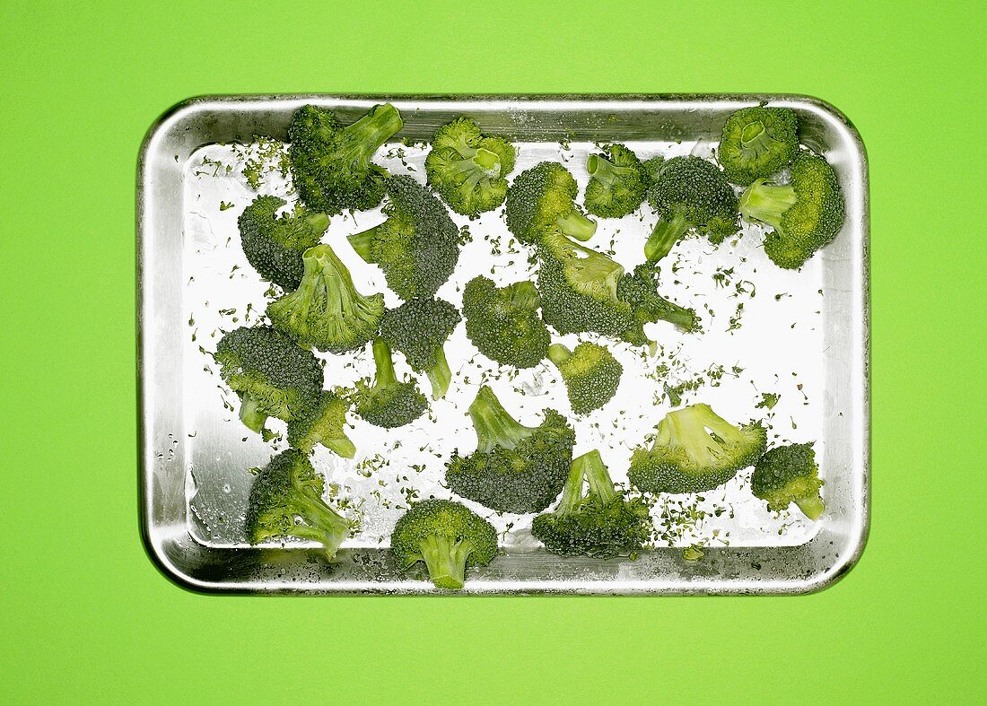 Frozen broccoli on a silver platter