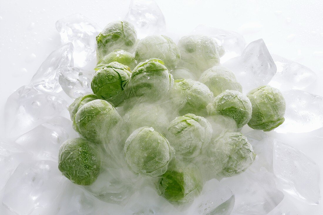 Frozen Brussels sprouts on ice