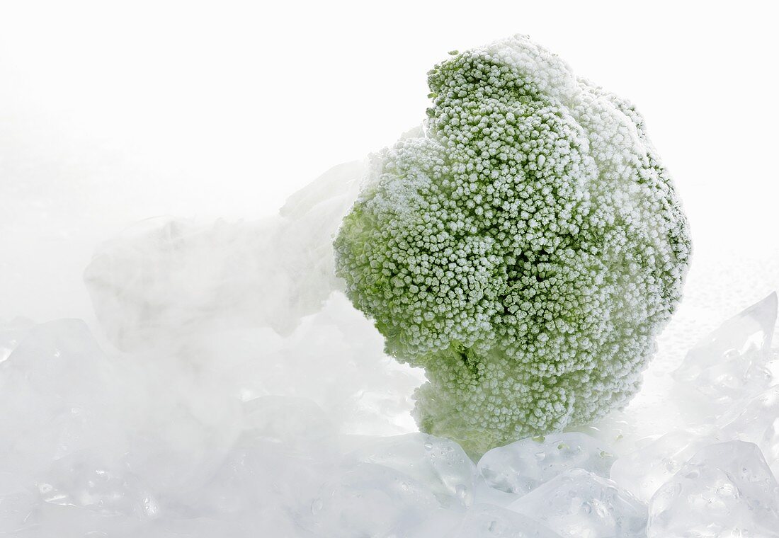 Frozen broccoli in mist
