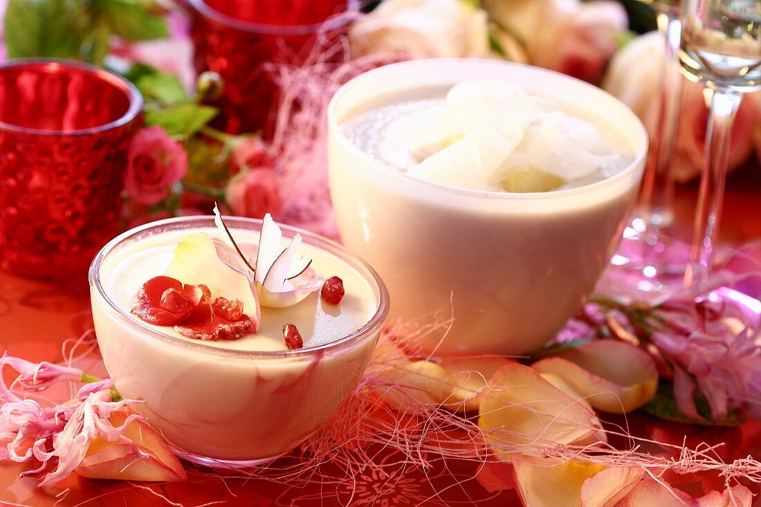 Almond cream with rose petals and gazpacho