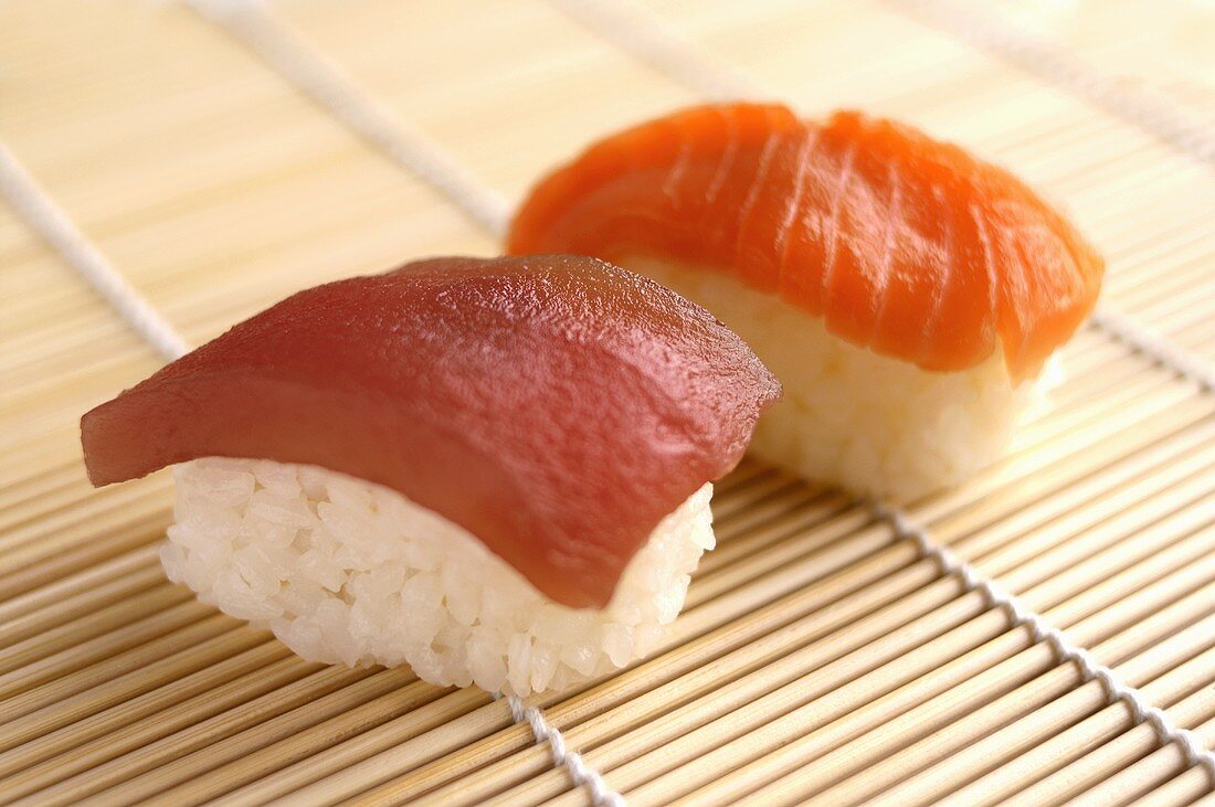 Tuna and salmon nigiri sushi