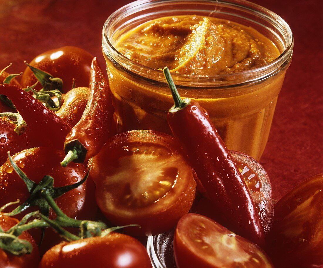 Tomato sauce in jar with fresh tomatoes and chillies