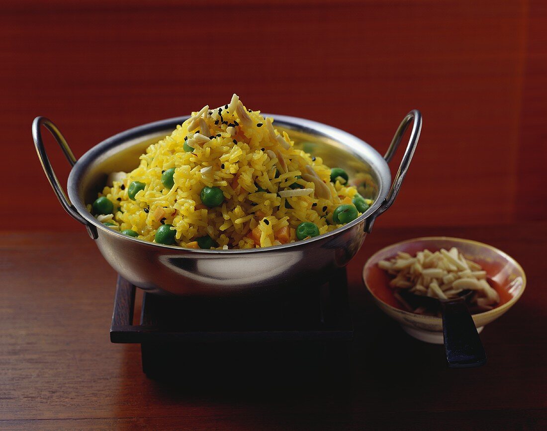 Saffron rice with vegetables and almonds