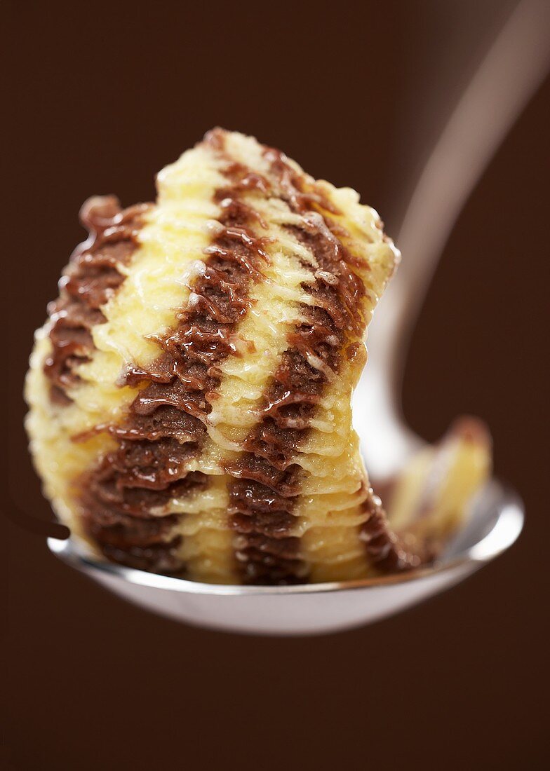 Chocolate and vanilla ice cream on a spoon