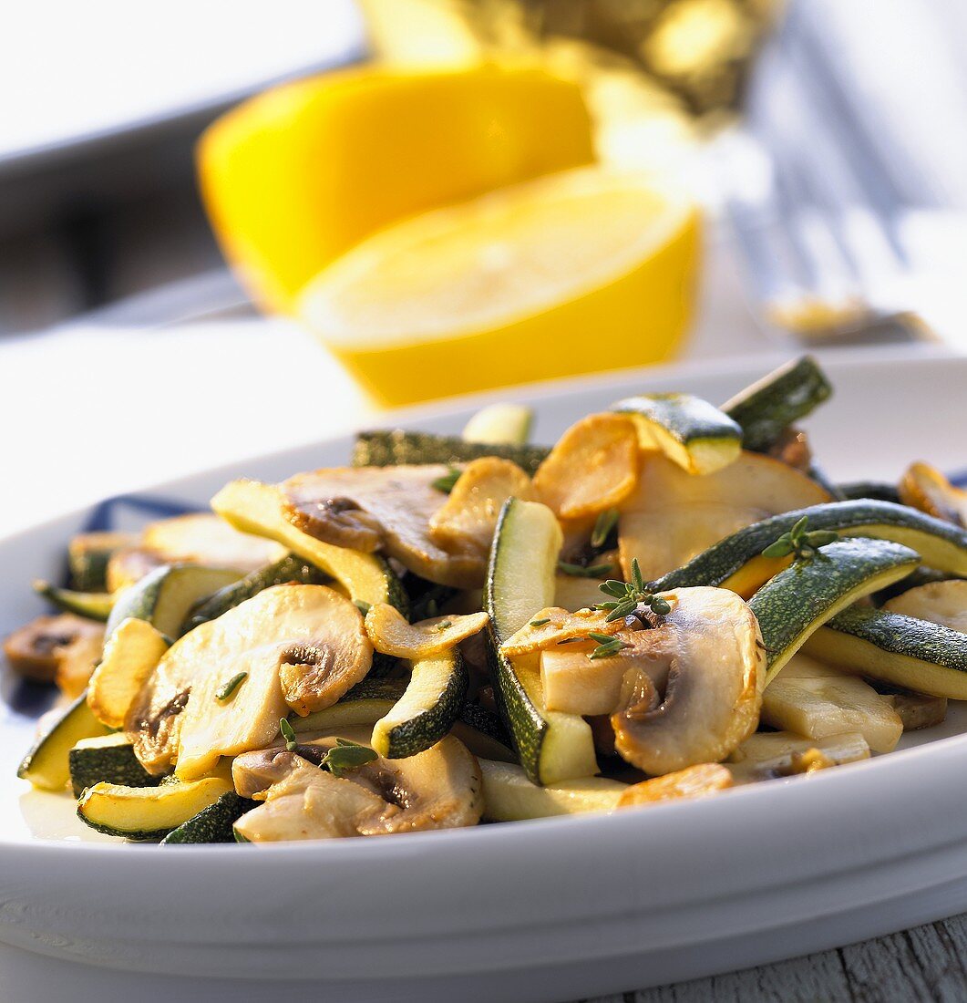 Mushrooms and courgettes in thyme vinaigrette