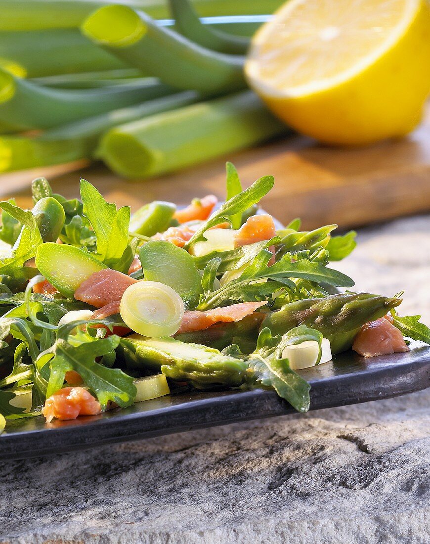 Green asparagus salad with smoked salmon and rocket