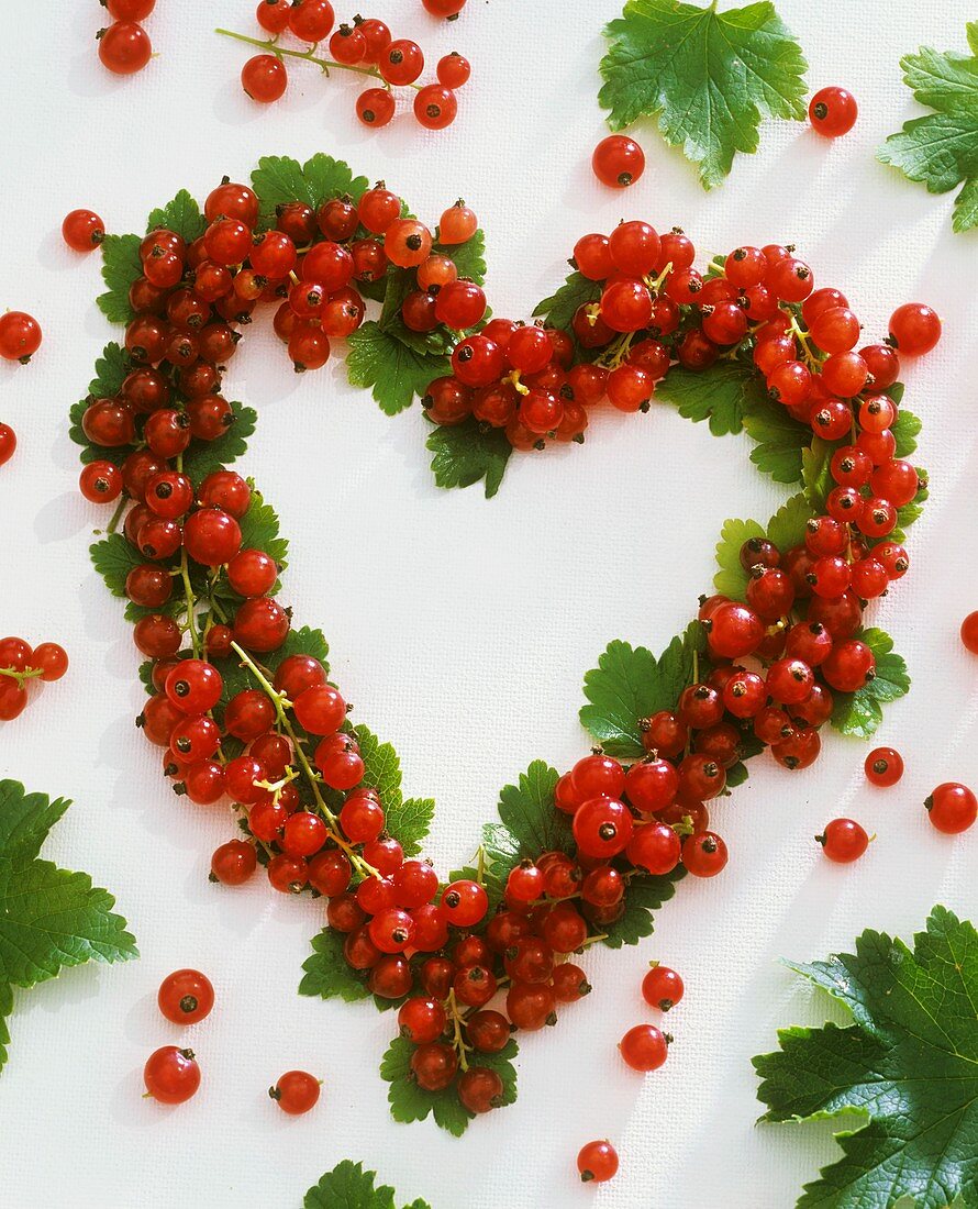 Redcurrants and leaves forming a heart