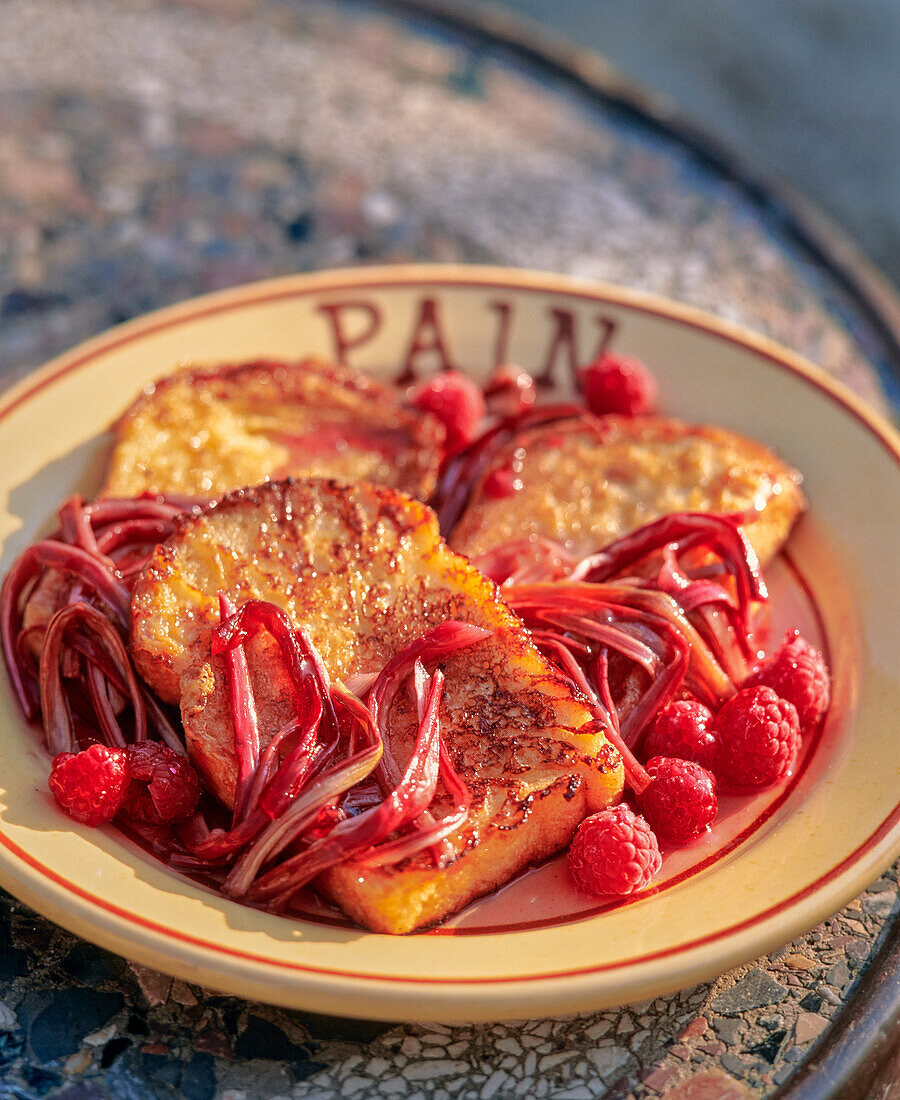 Poor knights (French toast) with rhubarb compote & raspberries