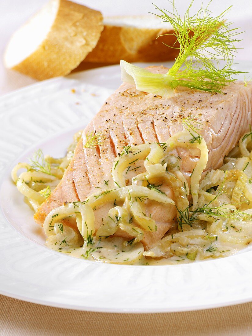 Poached salmon fillet with fennel