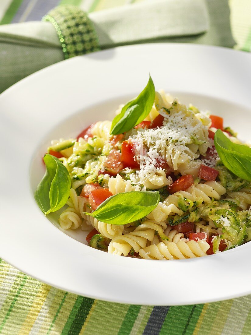 Spiral pasta with tomatoes, courgettes and pesto