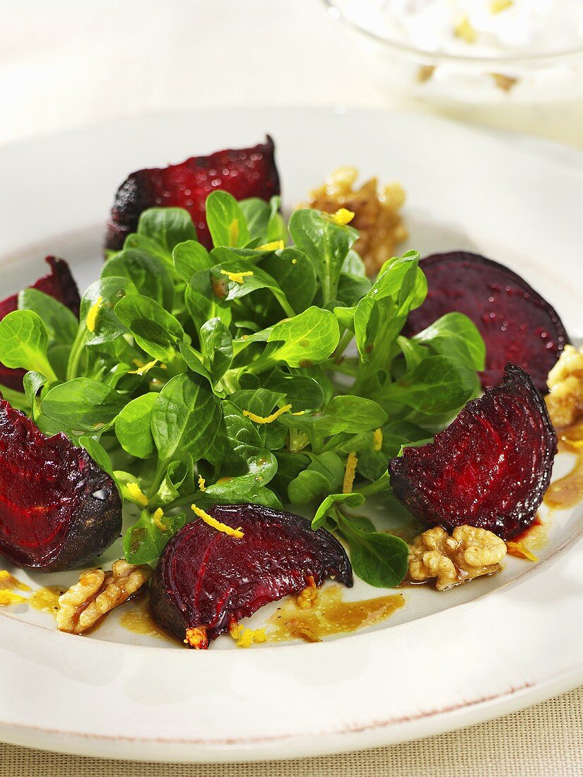 Corn salad with roasted beetroot and walnuts