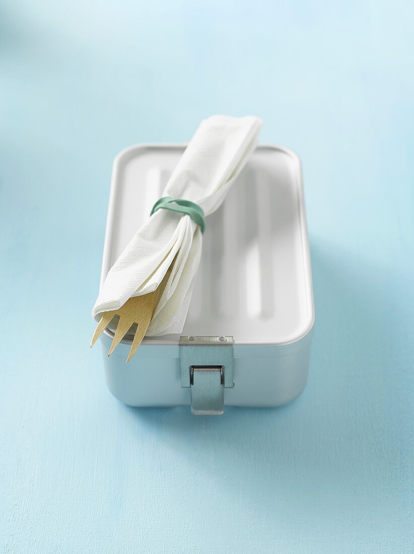 Lunch box with cutlery and napkin
