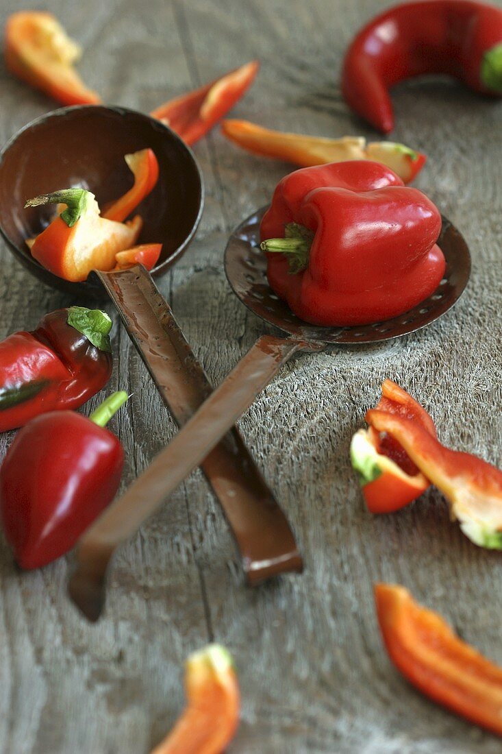 Peppers with ladle and skimmer