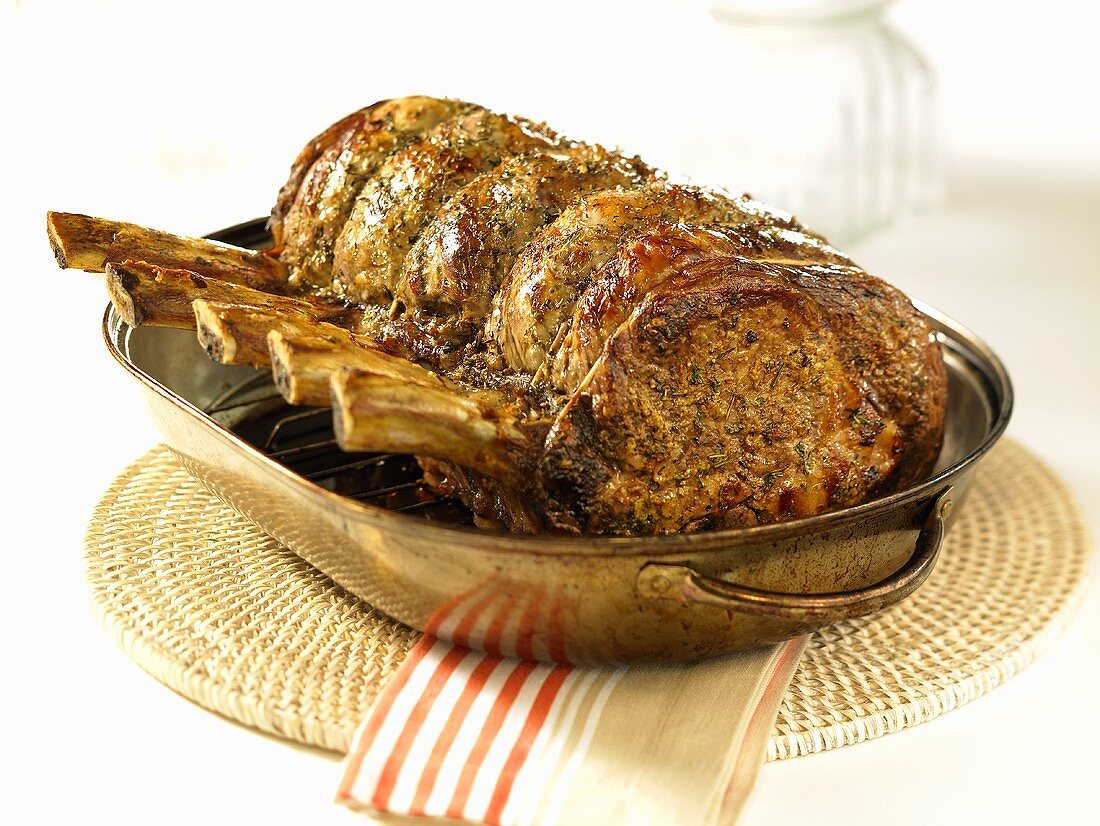 Roast prime rib in roasting dish