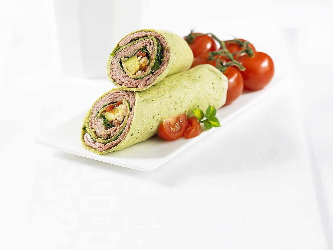 Wrap with roast beef and vegetable filling