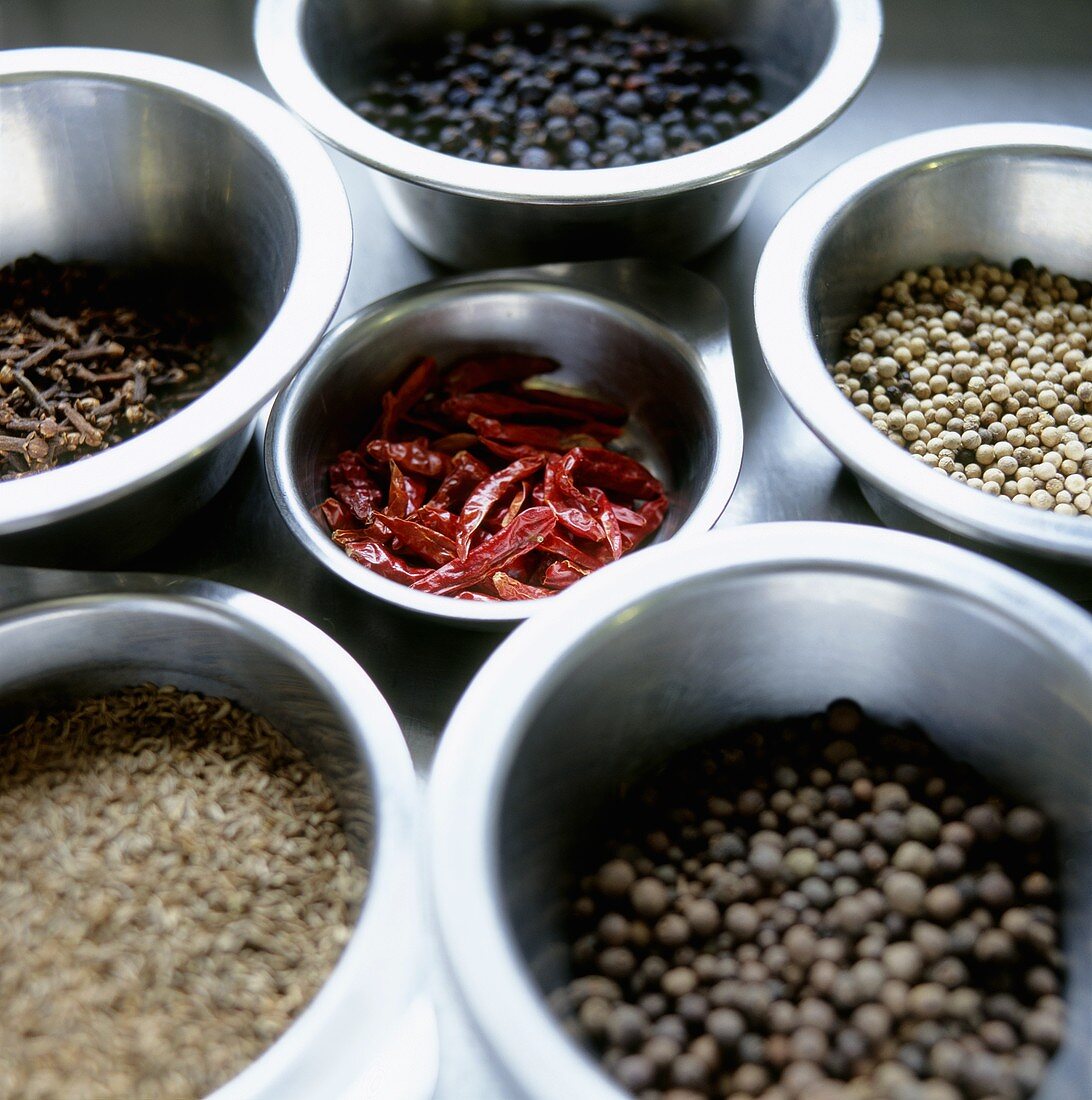 Spices in stainless steel bowls