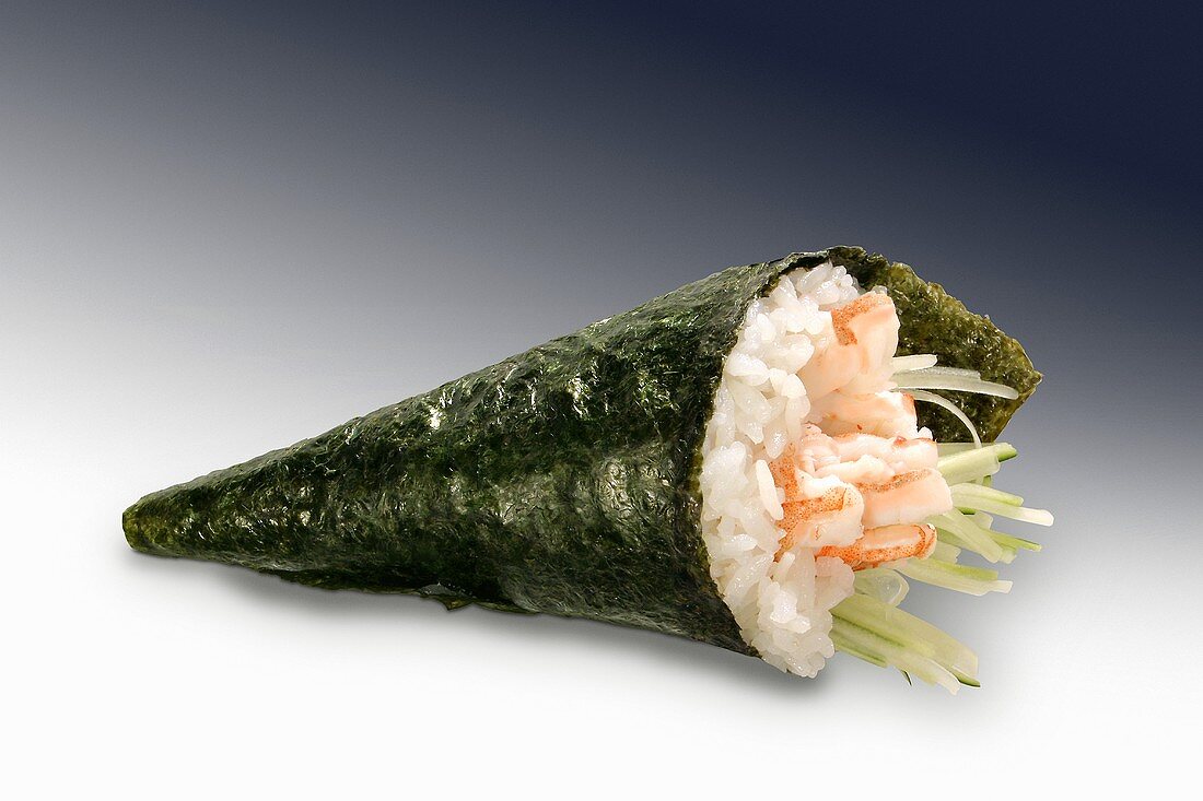 Temaki sushi with shrimp meat and cucumber