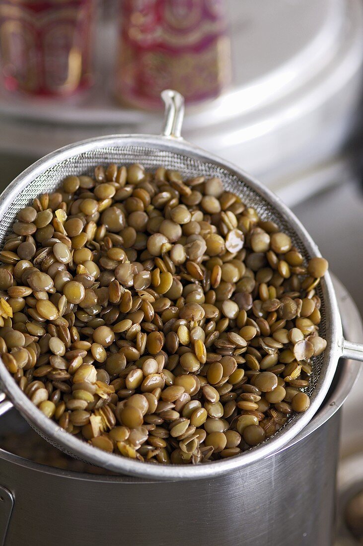 Cooked lentils in a sieve