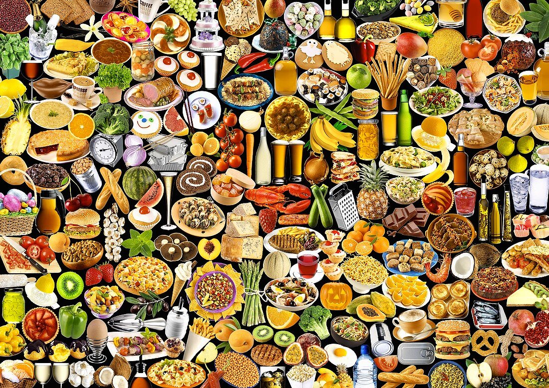 Many foods and dishes on black background