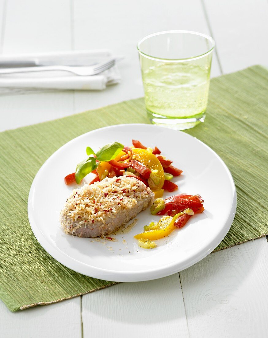 Coconut steak with fruit and peppers