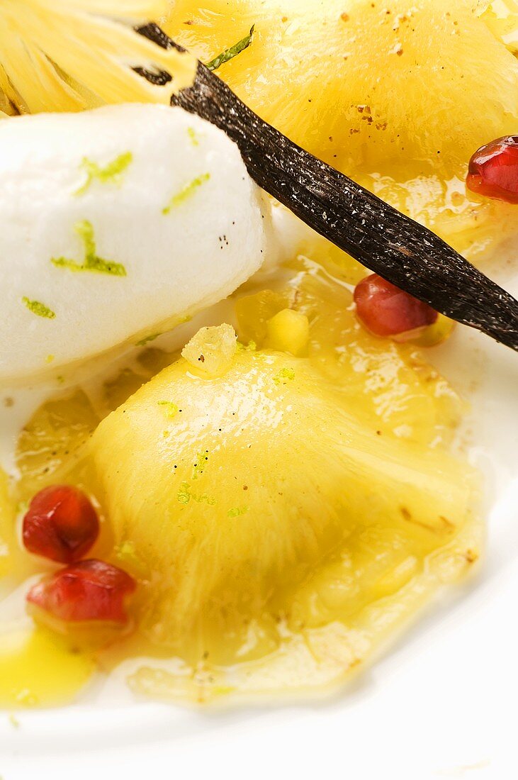 Pineapple ravioli with vanilla ice cream