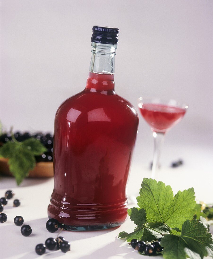 Blackcurrant liqueur in bottle and glass