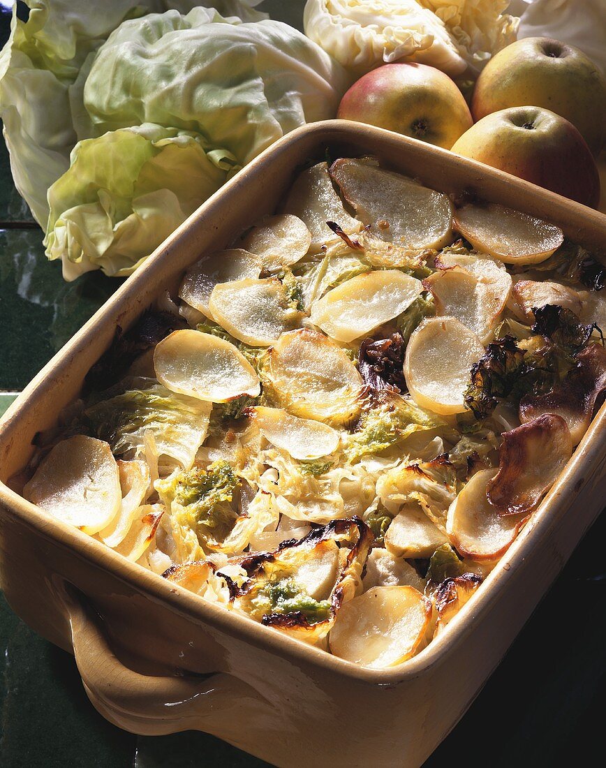 Cabbage and potato bake with duck confit