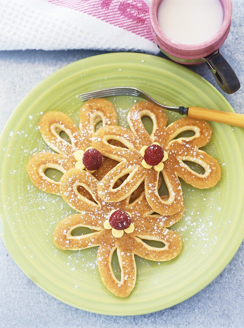Pancake flowers with raspberry centres