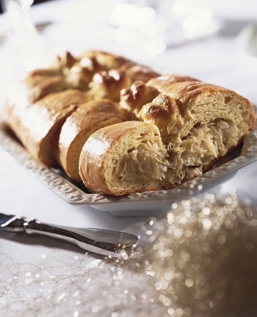 Kulebiak (Yeast dough filled with sauerkraut & mushrooms, Poland)