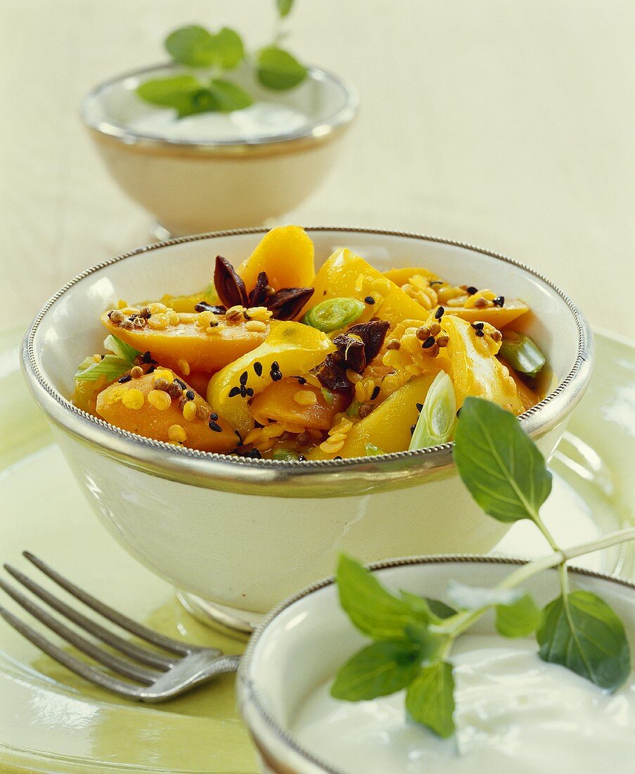 Fruit curry with lentils and spices
