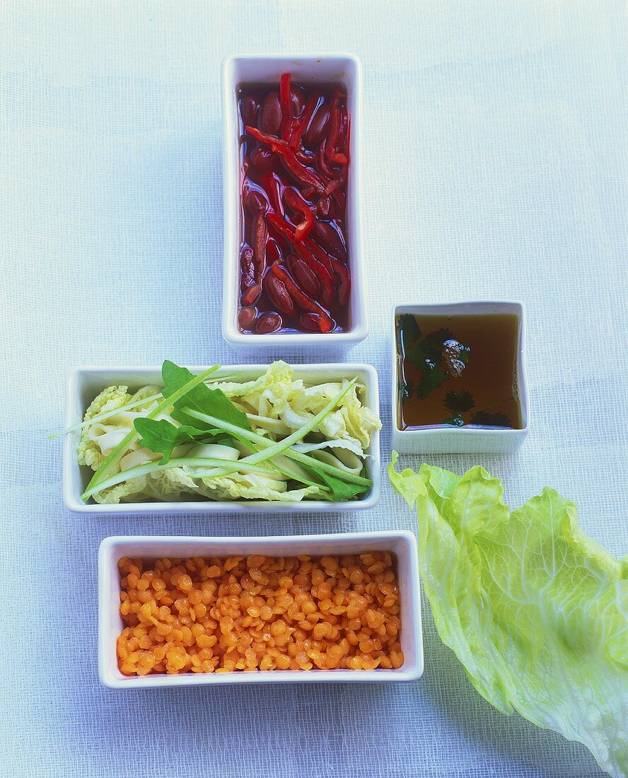 Rote Linsen, Salat und eingelegte Kidneybohnen mit Paprika