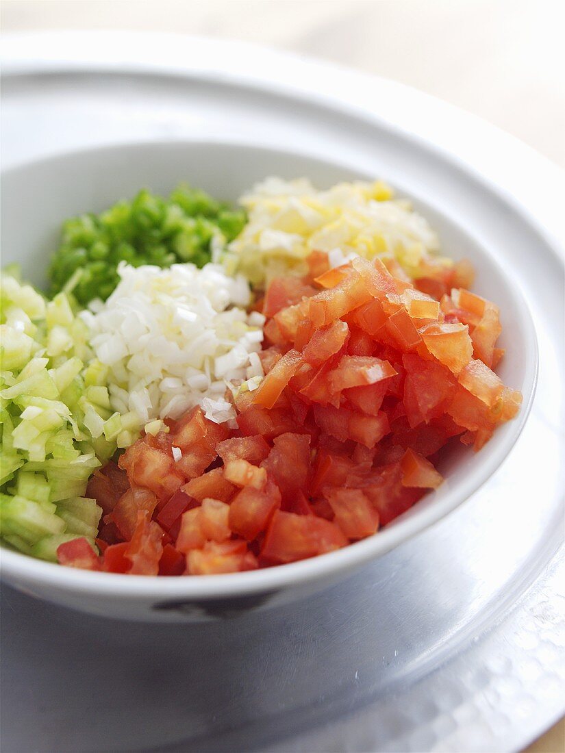 Chopped vegetables in a small bowl