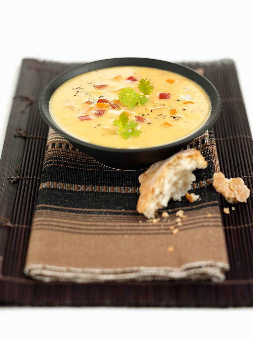 Sweetcorn soup with diced peppers