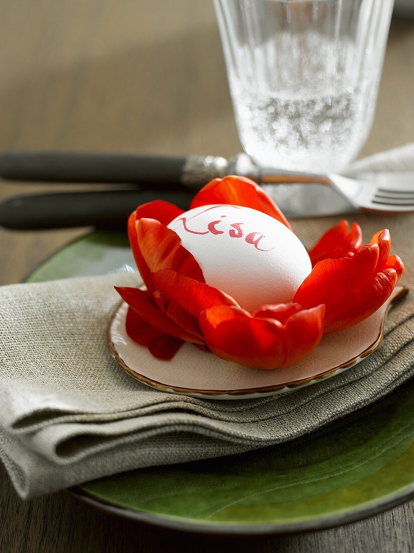 Place-setting with boiled egg & flower petals as place card