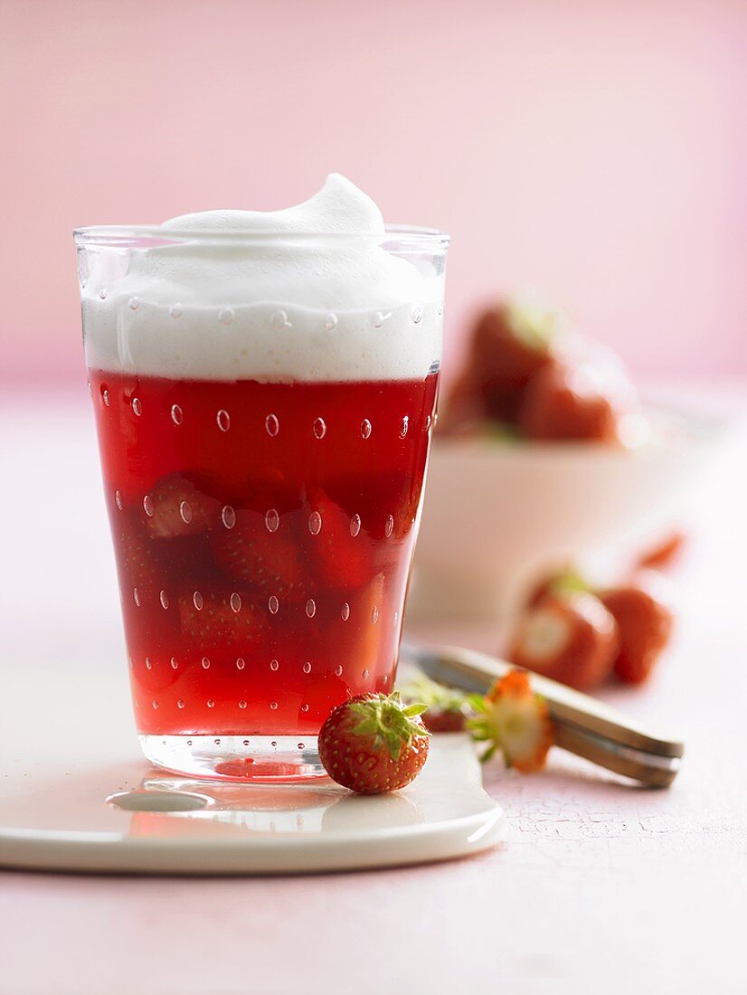 Rhubarb and strawberry compote with milk froth