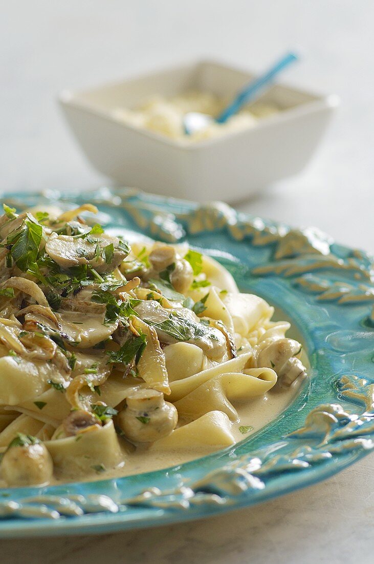 Pappardelle with mushroom and Gorgonzola sauce and parsley