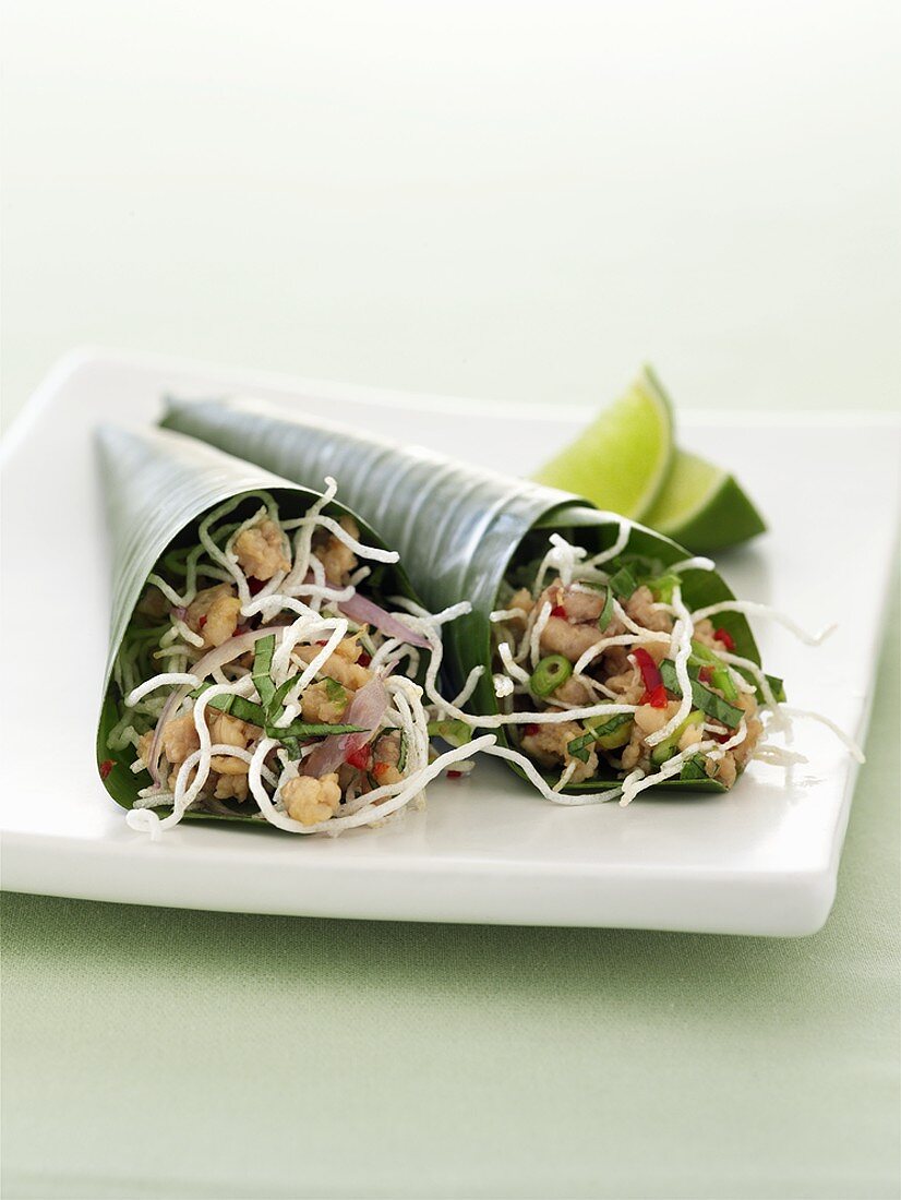 Rice noodles with pork and mint in banana leaves