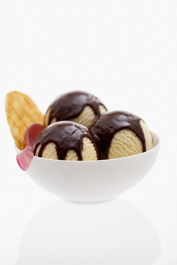 Vanilla ice cream with chocolate sauce and wafer in dish