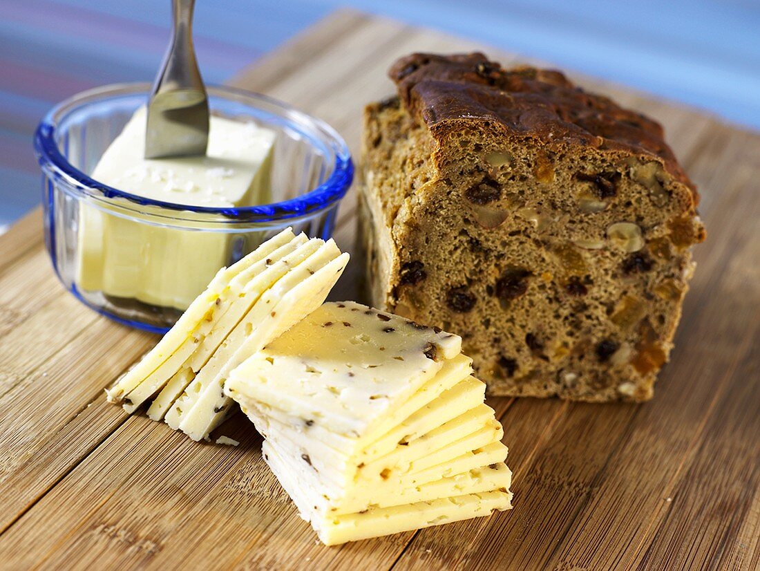 Fruit loaf with butter and cheese