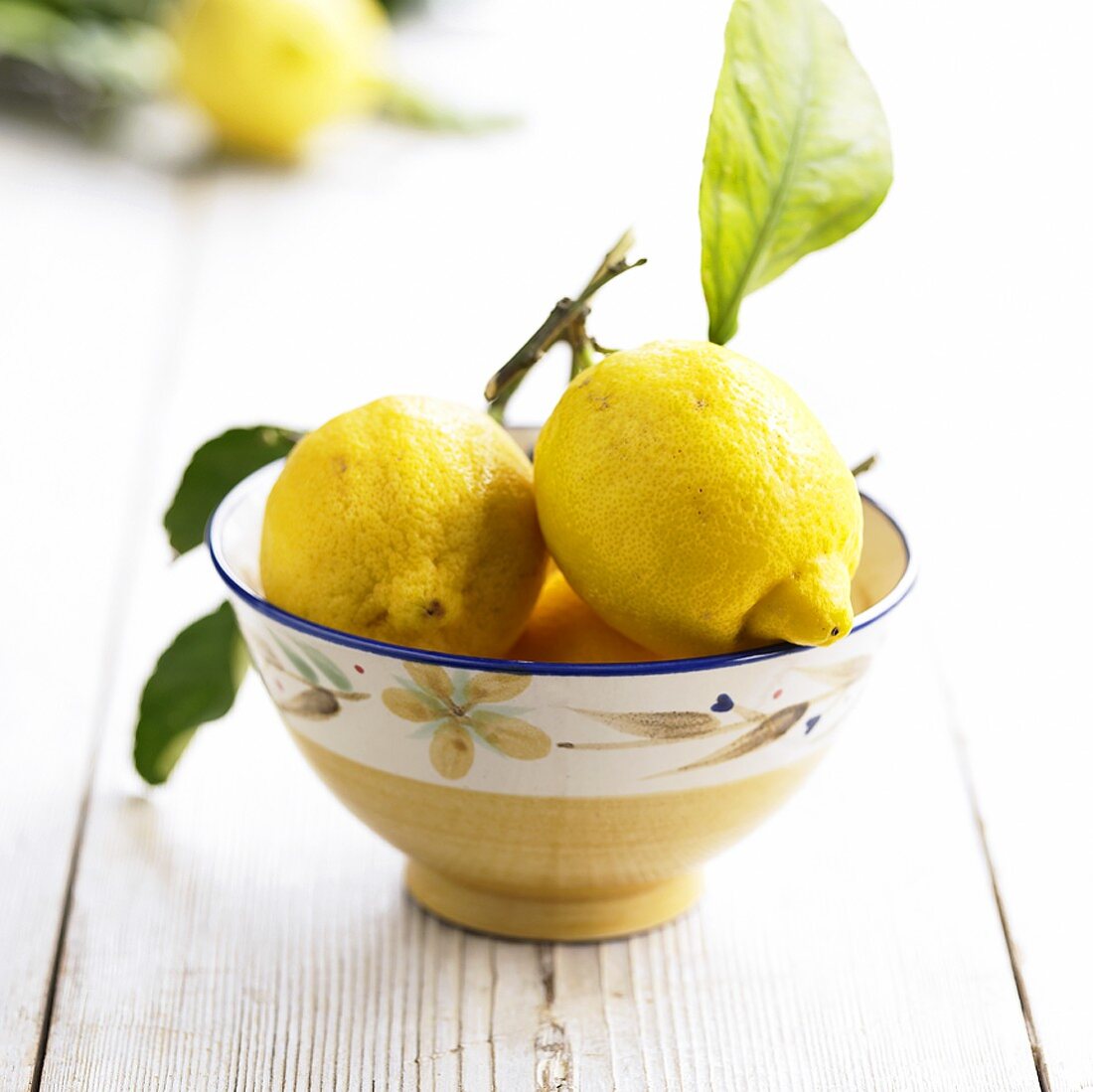 Lemons with leaves in a bowl